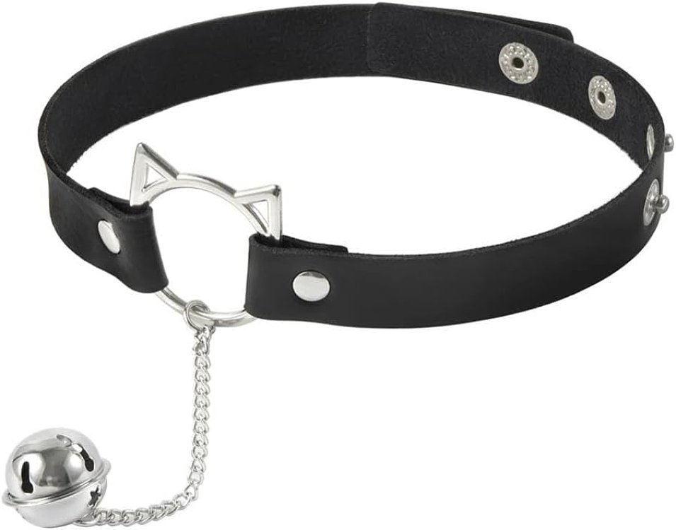 SMD Kinky Cat, Kitty Ring Choker Collar with Bell, Adjustable Fit, PU Leather, Black
