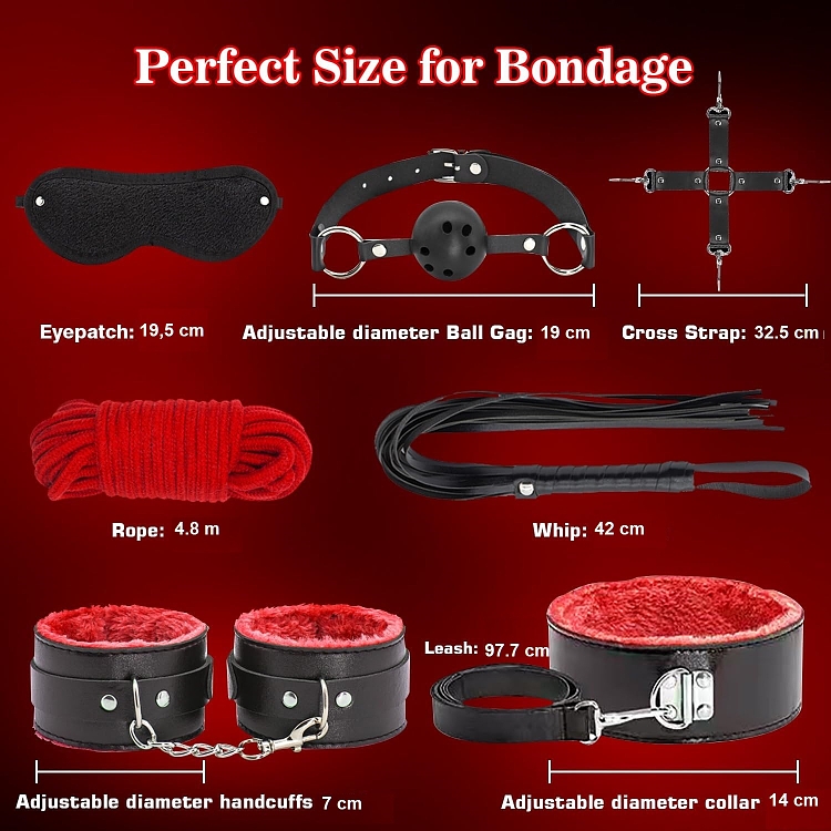 SMD Liaison Erotique, Full BDSM Bondage Restrain Gear, Complete BDSM Set with 12 Accessories, Black/Red