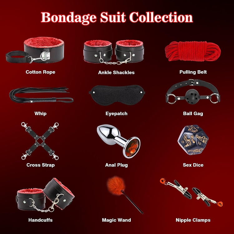 SMD Liaison Erotique, Full BDSM Bondage Restrain Gear, Complete BDSM Set with 12 Accessories, Black/Red