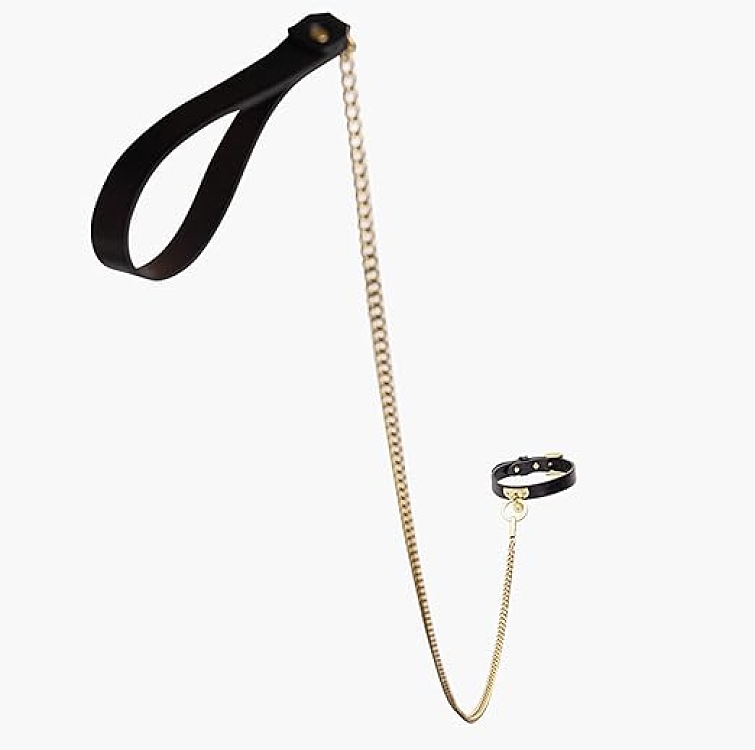 SMD Minx, SM Adjustable Leather Neck Chocker Collar with Chain Leash, Submissive Κολάρο με Λουρί, Black/Gold