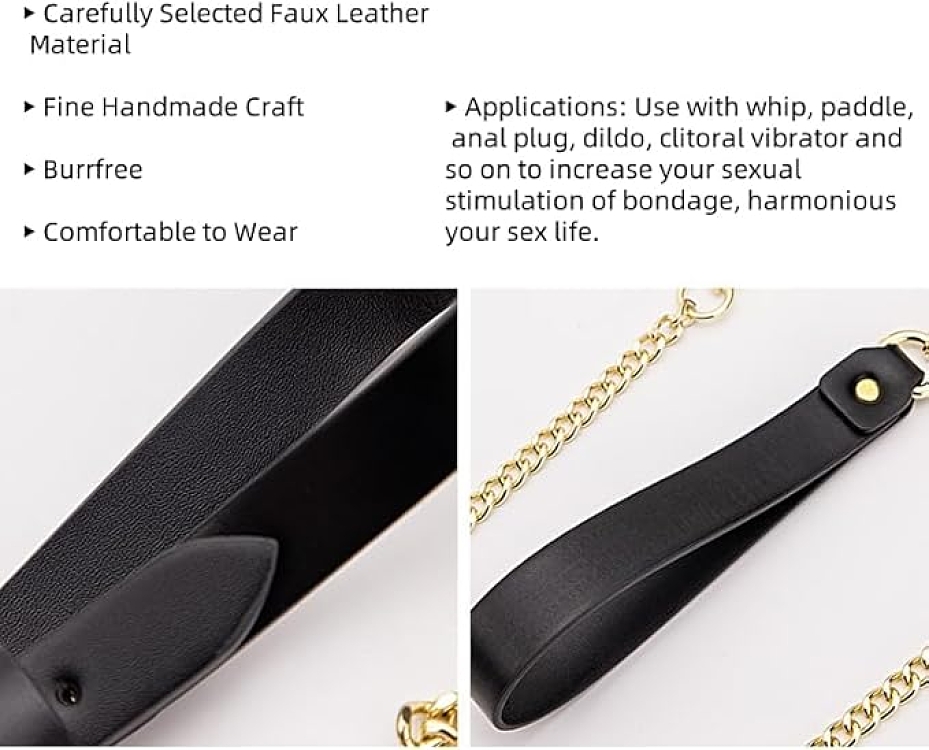 SMD Minx, SM Adjustable Leather Neck Chocker Collar with Chain Leash, Submissive Κολάρο με Λουρί, Black/Gold