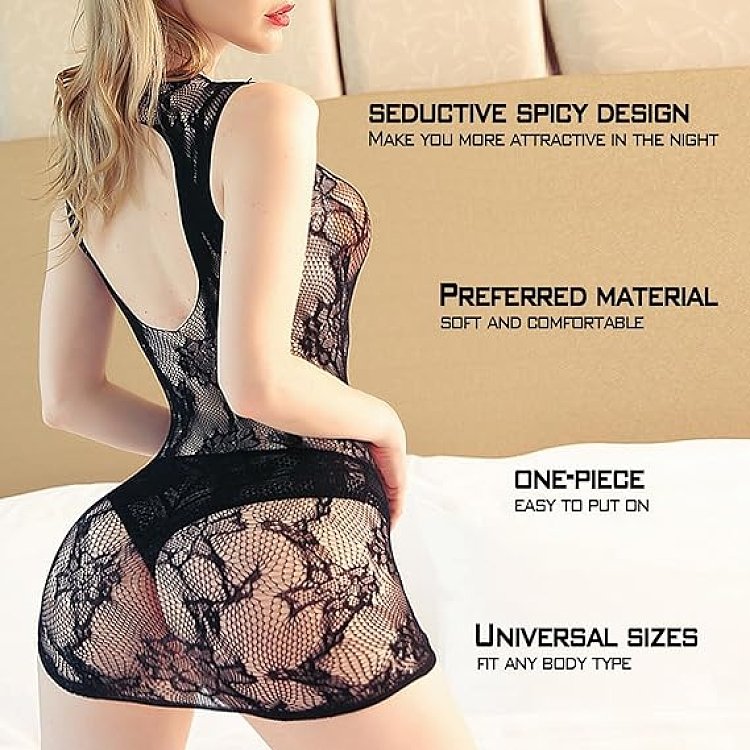 SMD Noir Temptation Intimate Series Black Lace Lingerie Mini Dress, Μαύρο Διχτυωτό Μίνι Φόρεμα, One Size