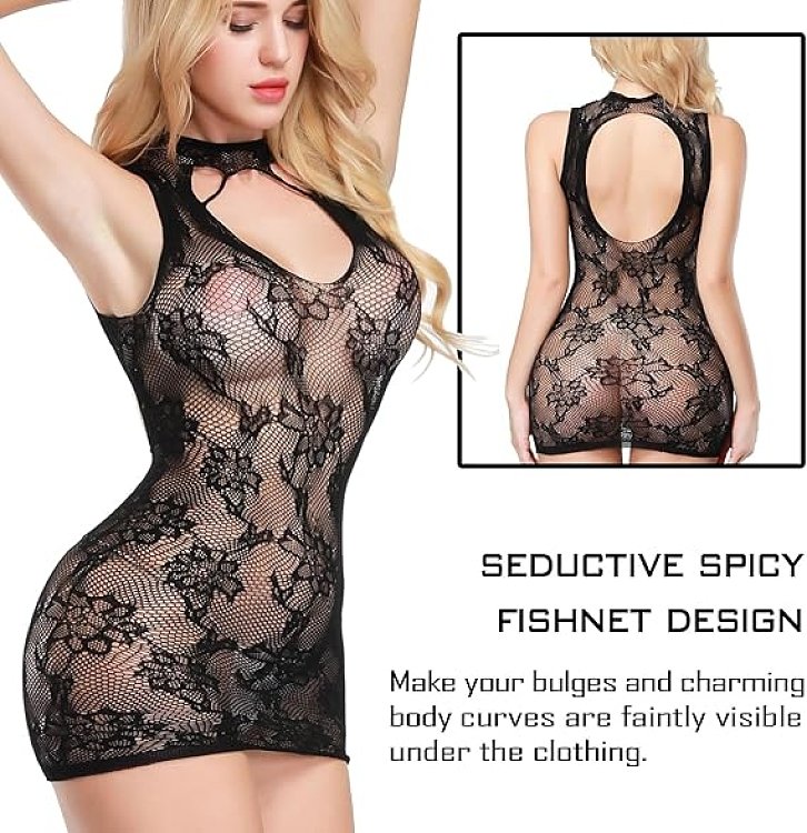 SMD Noir Temptation Intimate Series Black Lace Lingerie Mini Dress, Μαύρο Διχτυωτό Μίνι Φόρεμα, One Size