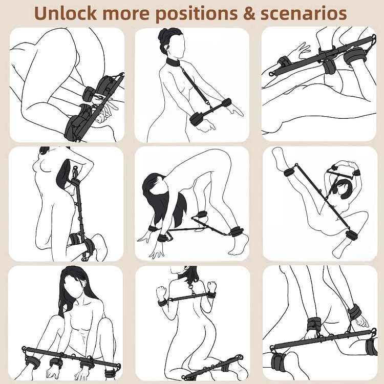 SMD Soumission Totale, Wrist & Ankle Spreader Bars with Cuffs & Collar, BDSM Μπάρες Ακινητοποιήσης Καρπών & Μηρού, Black