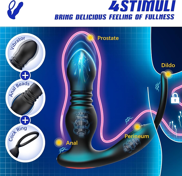 SMD Soyuz, Prostate Massager & Anal Vibrator with Cock Ring, Δονήτης Προστάτη με App, Black