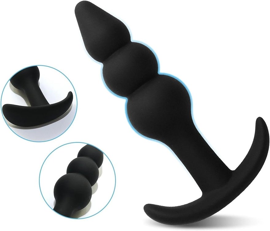SMD The Prober, Three Beads Silicone Anal Plug With Contoured Anchor Base, Skin Safe, 12.4cm, Black