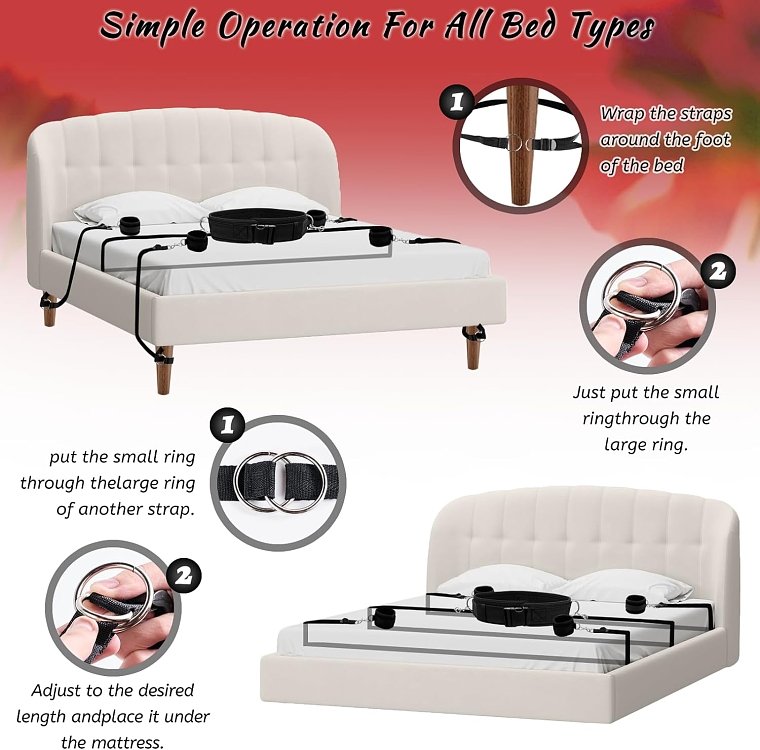 SMD Tough Measures, Full Bed Restraint Set With Cross Strap, Wrist & Ankle Cuffs, Feather Tickler & Blindfold, Black
