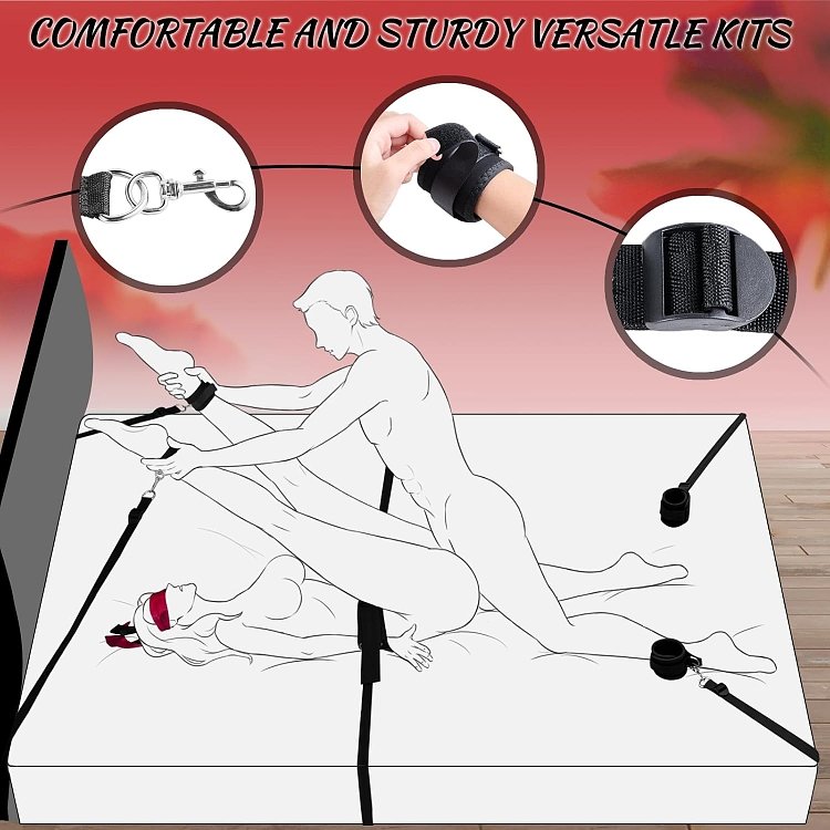 SMD Tough Measures, Full Bed Restraint Set With Cross Strap, Wrist & Ankle Cuffs, Feather Tickler & Blindfold, Black