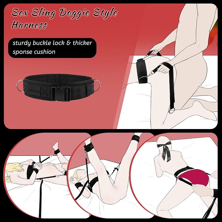 SMD Tough Measures, Full Bed Restraint Set With Cross Strap, Wrist & Ankle Cuffs, Feather Tickler & Blindfold, Black