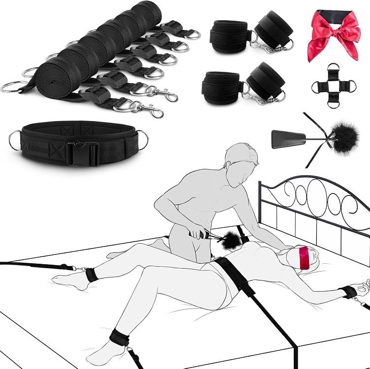 SMD Tough Measures, Full Bed Restraint Set With Cross Strap, Wrist & Ankle Cuffs, Feather Tickler & Blindfold, Black