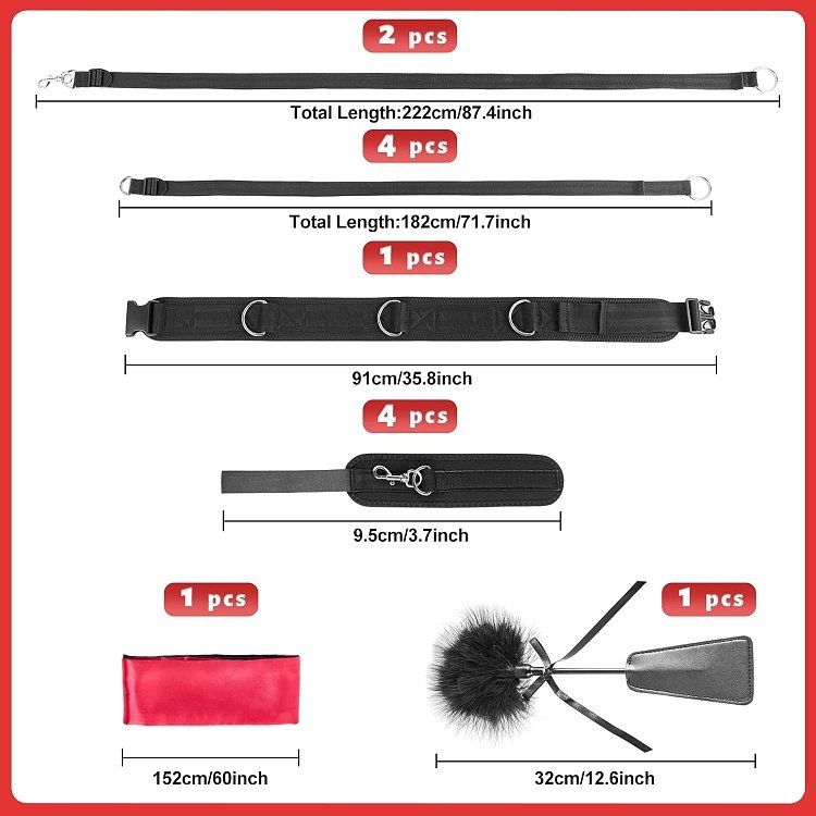 SMD Tough Measures, Full Bed Restraint Set With Cross Strap, Wrist & Ankle Cuffs, Feather Tickler & Blindfold, Black