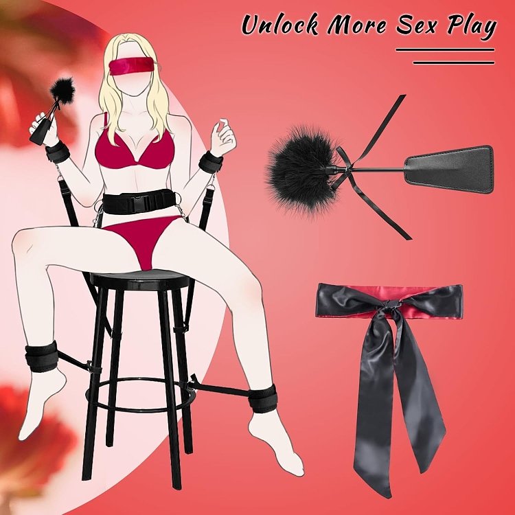 SMD Tough Measures, Full Bed Restraint Set With Cross Strap, Wrist & Ankle Cuffs, Feather Tickler & Blindfold, Black