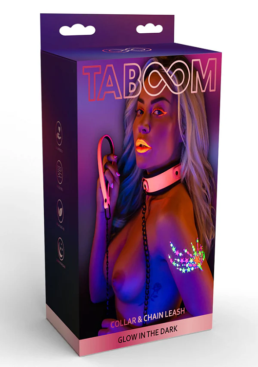 Taboom Glow In The Dark Collar & Chain Leash, Φωσφοριζέ BDSM Κολάρο & Λουρί, Pink