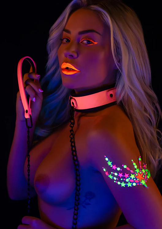 Taboom Glow In The Dark Collar & Chain Leash, Φωσφοριζέ BDSM Κολάρο & Λουρί, Pink