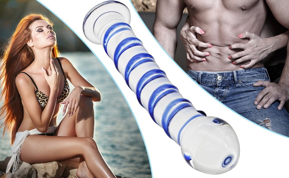 SMD Celestial, Glass Dildo with Blue Raised Spiral Texture & Mushroom Tip 17cm, Clear / Blue