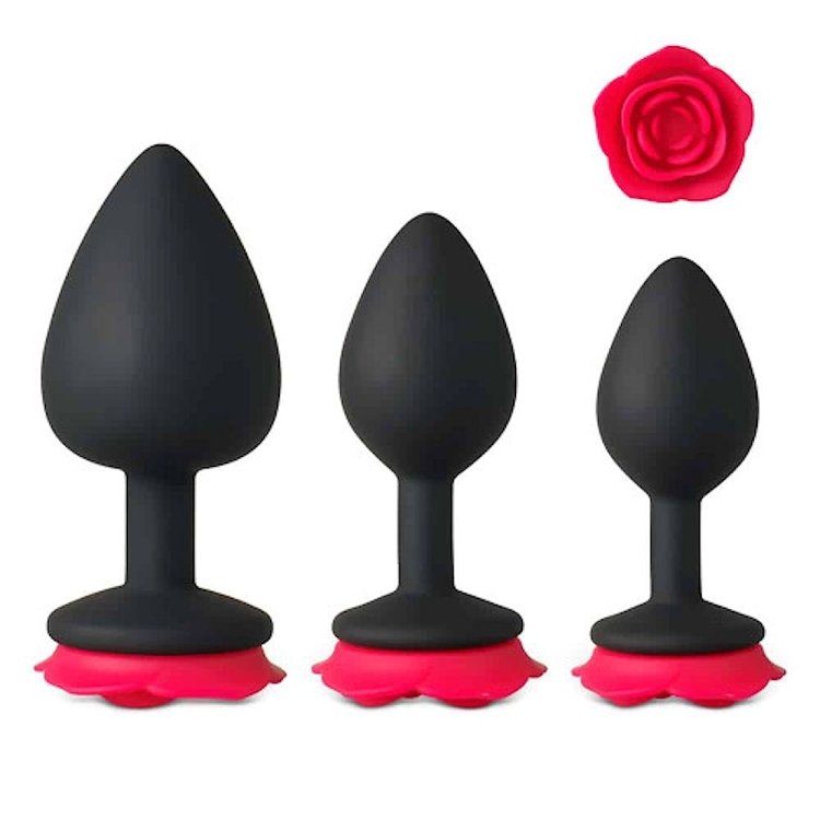 SMD Analyzer Rose Triple, Butt Plug Set, Πρωκτική Σφήνα από Σιλικόνη Σετ των 3 (S / M / L ), Βlack / Red Rose