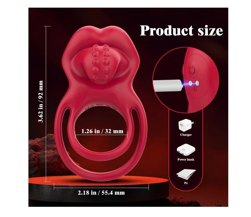 SMD Double Tongue, Vibrating Double Penis Ring, Δονούμενο Διπλό Δαχτυλίδι Πέους με Γλώσσα, 10 Δονήσεις, Silicone, Red