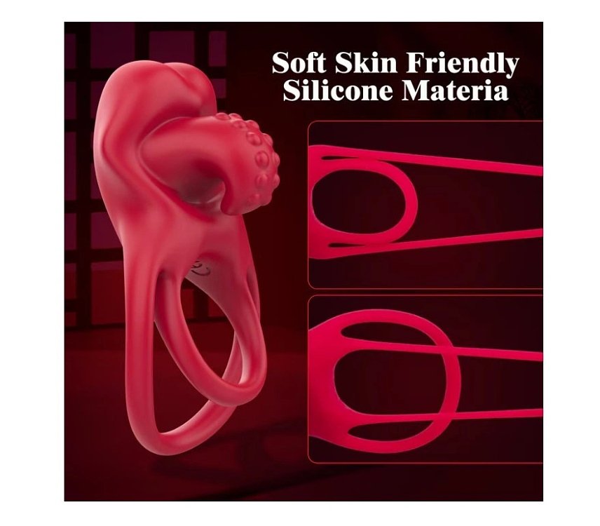 SMD Double Tongue, Vibrating Double Penis Ring, Δονούμενο Διπλό Δαχτυλίδι Πέους με Γλώσσα, 10 Δονήσεις, Silicone, Red