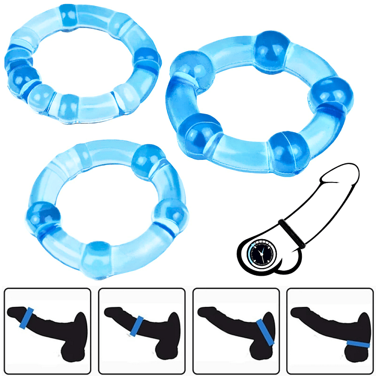 SMD Stay Hard Penis Beaded Rings Set, Comfort Fit Beaded Δαχτυλίδια Στύσης Σιλικόνης, Blue/Transparent, 3τμχ