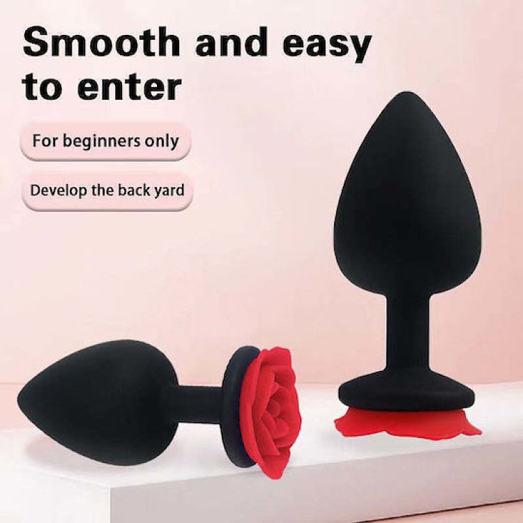 SMD Rose Butt Plug, Πρωκτική Σφήνα από Σιλικόνη με βάση Τριαντάφυλλο S 7cm, Black / Red Rose
