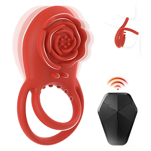 SMD Rose Bliss, Remote Controlled 2-in-1 Vibrating Cockring & Clitoral Stimulator, Red