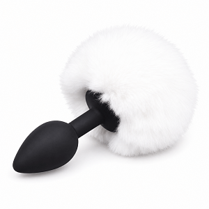 SMD Fluffy Silicone Butt Plug with Faux Fur Pompom, Πρωκτική Σφήνα Σιλικόνης με Απαλή Φούντα S 7cm, Black / White