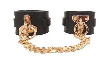 SMD Unter Kontrolle, Premium Leather Chain Handcuffs, BDSM Δερμάτινες Χειροπέδες με Αλυσίδα, Black & Gold