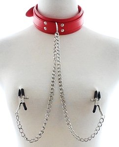 SMD Nachtschicht, Nipple Clamps & Collar with Chain BDSM Set, Σφιγκτήρες Θηλών και Αλυσίδα με Κολάρο, Black/Red