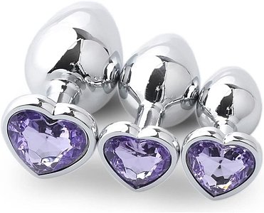 SMD Analyzer Triple, Butt Plug Set, Πρωκτική Σφήνα Σετ των 3 (S / M / L ), Silver / Lilac Heart