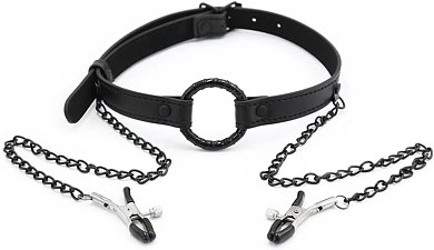 SMD Good Hoe, Mouth Gag with Nipple Clamps, BDSM Set Leather Φίμωτρο και Σφιγκτήρες Θηλών