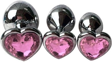 SMD Analyzer Triple, Butt Plug Set, Πρωκτική Σφήνα Σετ των 3 (S / M / L ), Silver / Pink Heart