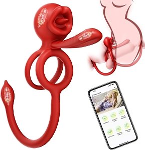 SMD Quattro Fun APP, 4-in-1 Vibrating Cockring, Clitoral Stimulator & Anal, Δαχτυλίδι Πέους & Κλειτορίδας Δονούμενο με APP, Red