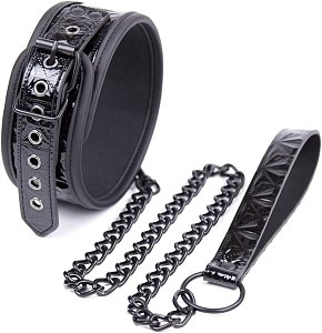 SMD NoirGuard, Leather Choker and Chain Leash, Περιλαίμιο με Λουρί Αλυσίδας, Black