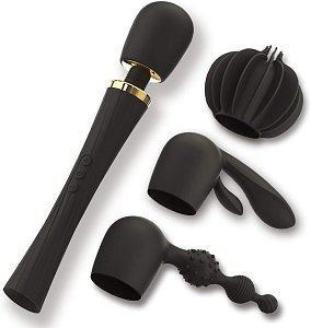 Tracy's Dog Hammer Magic Wand Set, Ασύρματος Massage Δονητής, 3 κεφαλές για G-Spot/Clitoral/Anal Stimulation, 30cm, Black/Gold