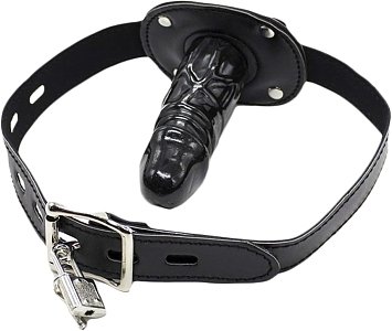SMD Lockable Mouth Gag Dildo, Δερμάτινη Ζώνη με Φίμωτρο, Black