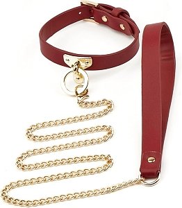 SMD Minx, SM Adjustable Leather Neck Chocker Collar with Chain Leash, Submissive Κολάρο με Λουρί, Black/Red