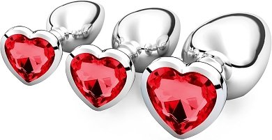 SMD Analyzer Triple, Butt Plug Set, Πρωκτική Σφήνα Σετ των 3 (S / M / L ), Silver / Red Heart