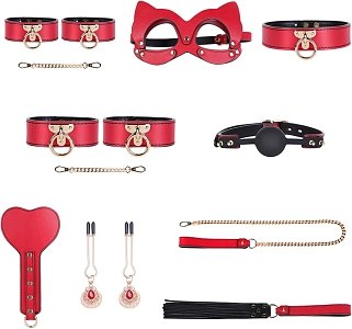 SMD Autorite Totale – Premium BDSM Bondage & Restraint Set  8 Accessories, Πλήρες BDSM Set με 8 Accessories, Red/Gold