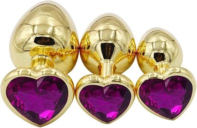 SMD Analyzer Triple, Butt Plug Set, Πρωκτική Σφήνα Σετ των 3 (S / M / L ), Gold / Purple Heart