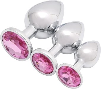 SMD Analyzer Triple, Butt Plug Set, Πρωκτική Σφήνα Σετ των 3 (S / M / L ), Silver / Pink Diamond