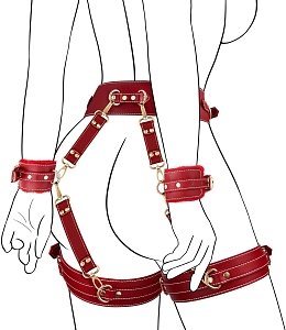 SMD Master's Prey, BDSM Restrain Kit, Adjustable Hand,Ankle & Thigh Cuffs With Waist Strap & BlindFold, PU Leather Harness, Red