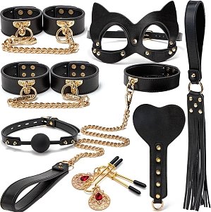 SMD Chained Crave, Full BDSM Βondage Restrain Gear, Πλήρες σετ BDSM με 8 Accessories, Black / Gold