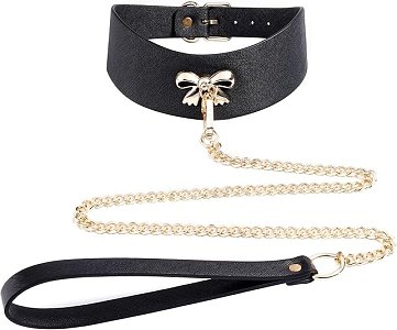 SMD Master & Servant, Adjustable Leather Bow Collar with Chain Leash, Submissive Κολάρο με Λουρί, Gold/Black