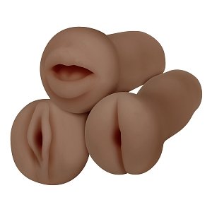 SMD Vixen Trio Fun, Set of 3 Masturbators with 3D Textured Realistic Pussy, Ass & Mouth + Vibrating Ring, Brown