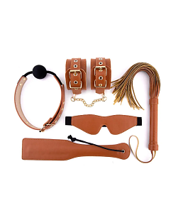 Dream Τoys Blaze Elite BDSM Set, Handcuffs, Ball gag,Eye mask,Paddle,Flogger, Vegan Leather, Cognac Brown