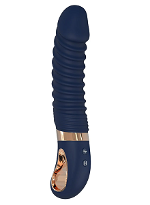 Dream Toys Goddess Collection Νereos, Liquid Silicone Ribbed Vibrator, Θερμαινόμενος δονητής με ραβδώσεις, 23cm, Blue