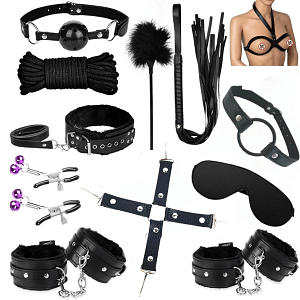 SMD Complete Domination Bondage Set, Πλήρες σετ BDSM με 12 accessories από Vegan Leather, Black