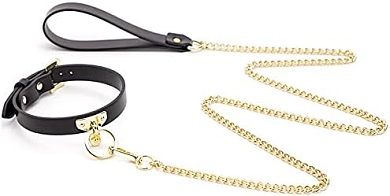 SMD Minx, SM Adjustable Leather Neck Chocker Collar with Chain Leash, Submissive Κολάρο με Λουρί, Dark Green/Gold