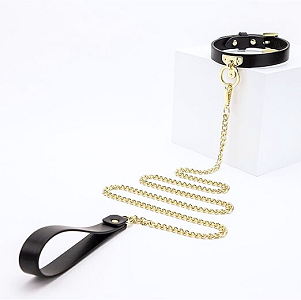 SMD Minx, SM Adjustable Leather Neck Chocker Collar with Chain Leash, Submissive Κολάρο με Λουρί, Black/Gold