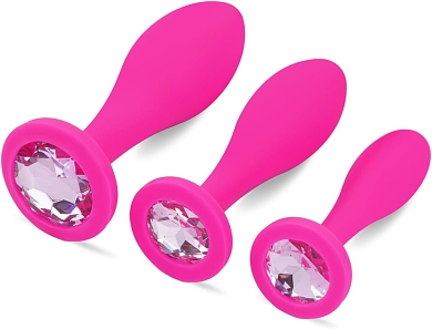 SMD Smoothie Triple Butt Plug Set, Πρωκτική Σφήνα Σετ των 3 (S / M / L ), Pink / Silver Diamond
